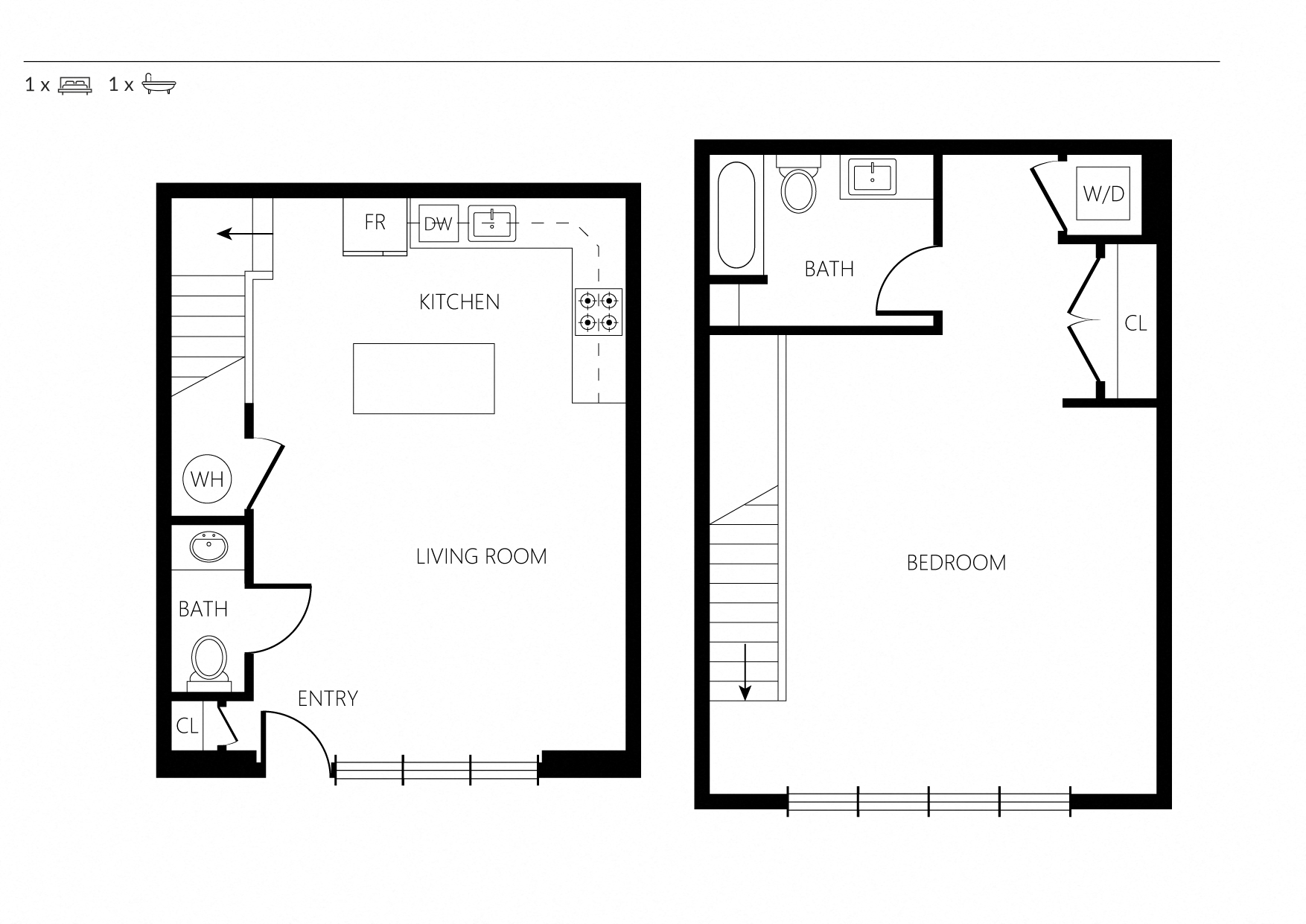Floor plan for 1 bed, 1.5 baths, 1125 sqft